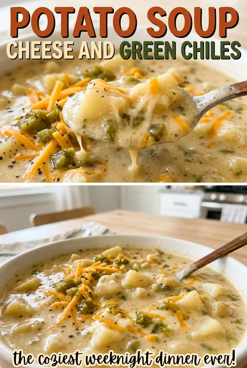 Potato soup with cheese and green chiles, cheesy and cozy