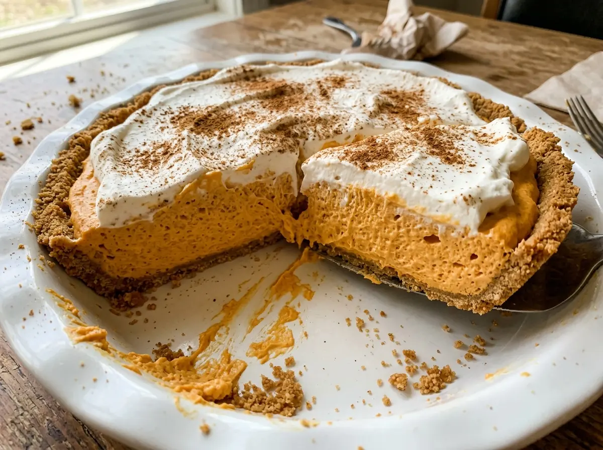 Pumpkin Fluff Pie with creamy filling and graham crust