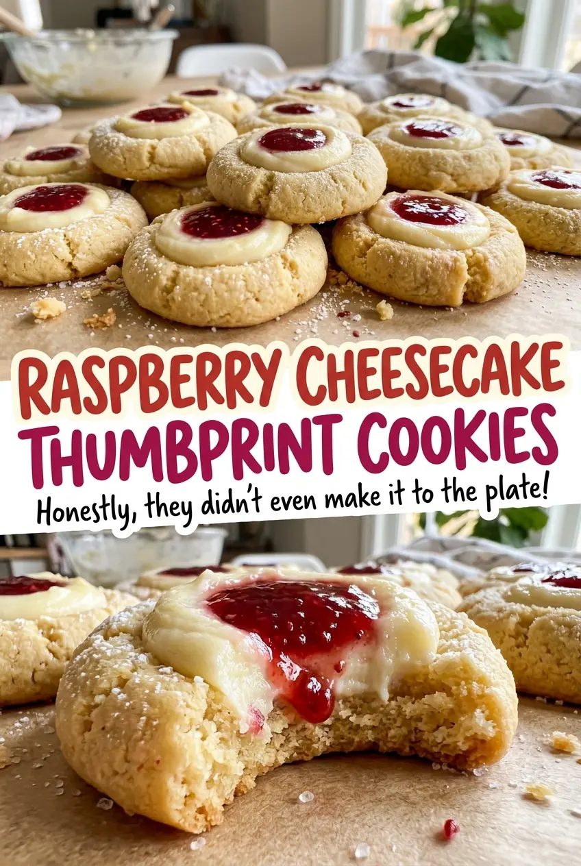 Raspberry Cheesecake Thumbprint Cookies with golden edges
