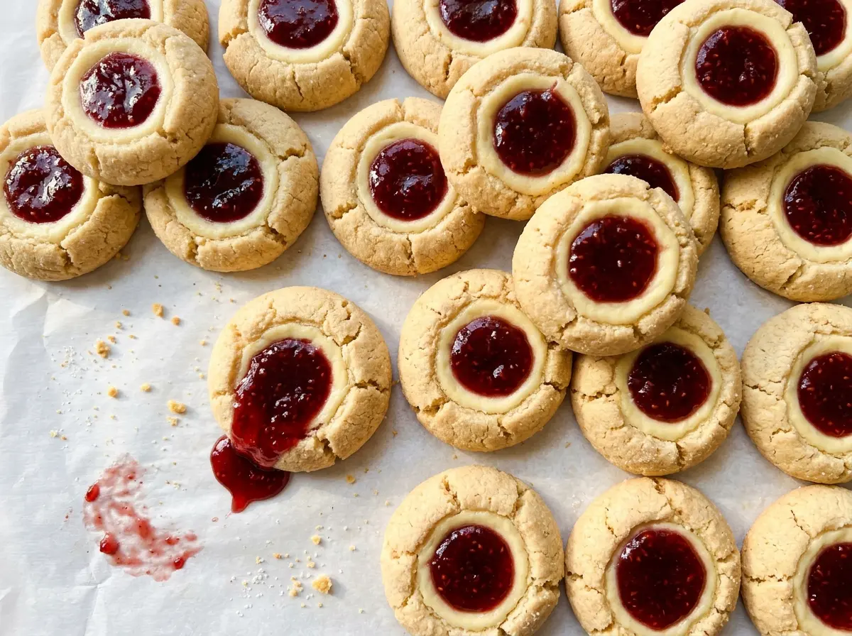 Raspberry Cheesecake Thumbprint Cookies with creamy berry centers