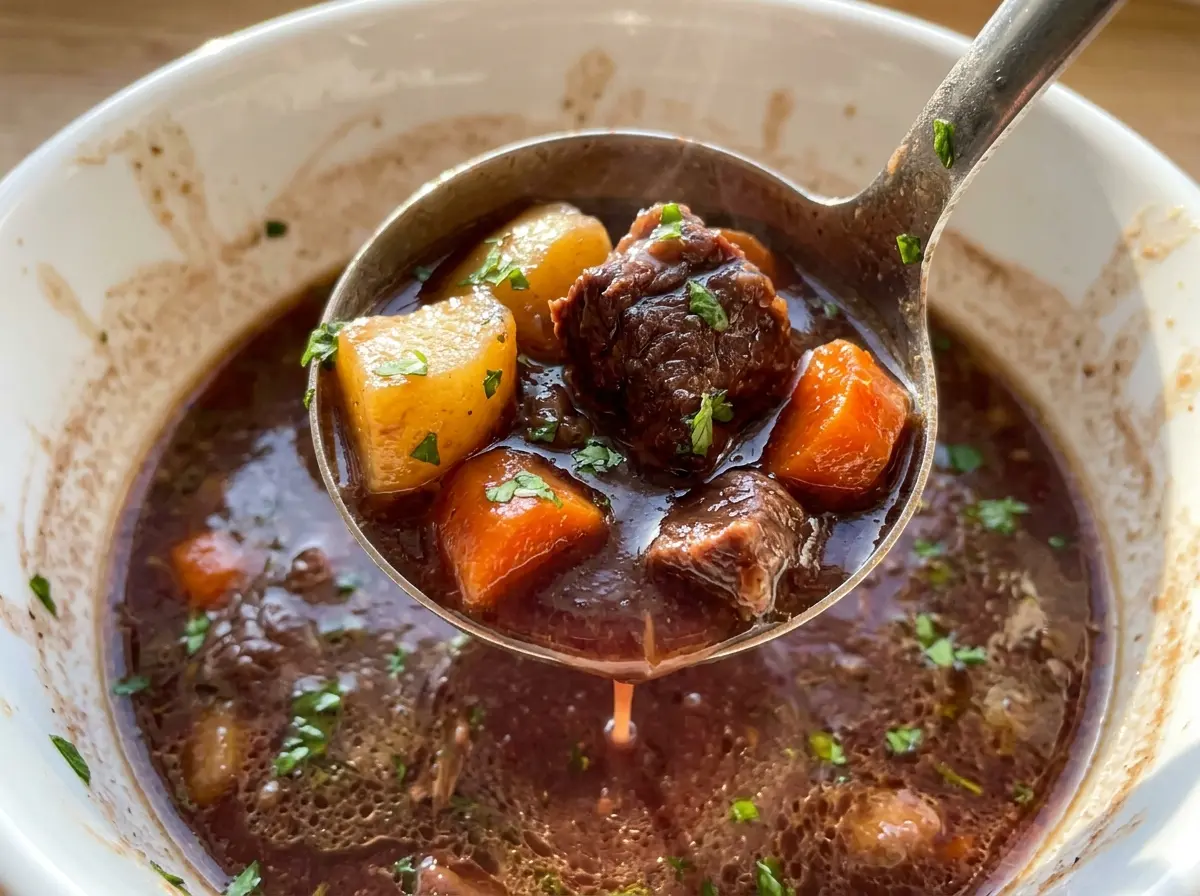 Red Wine Beef Stew with Potatoes and Carrots, hearty, rich, rustic