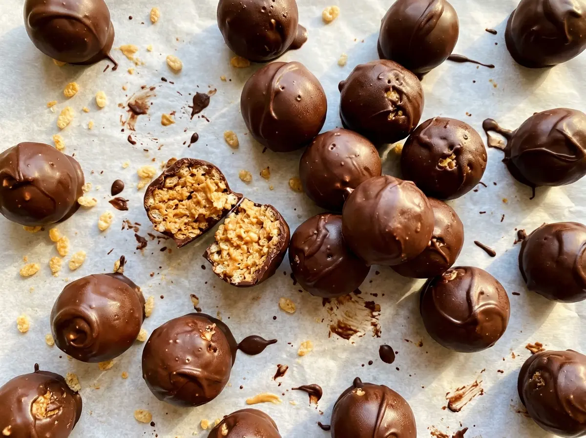 Rice Krispie Peanut Butter Balls with chocolate coating