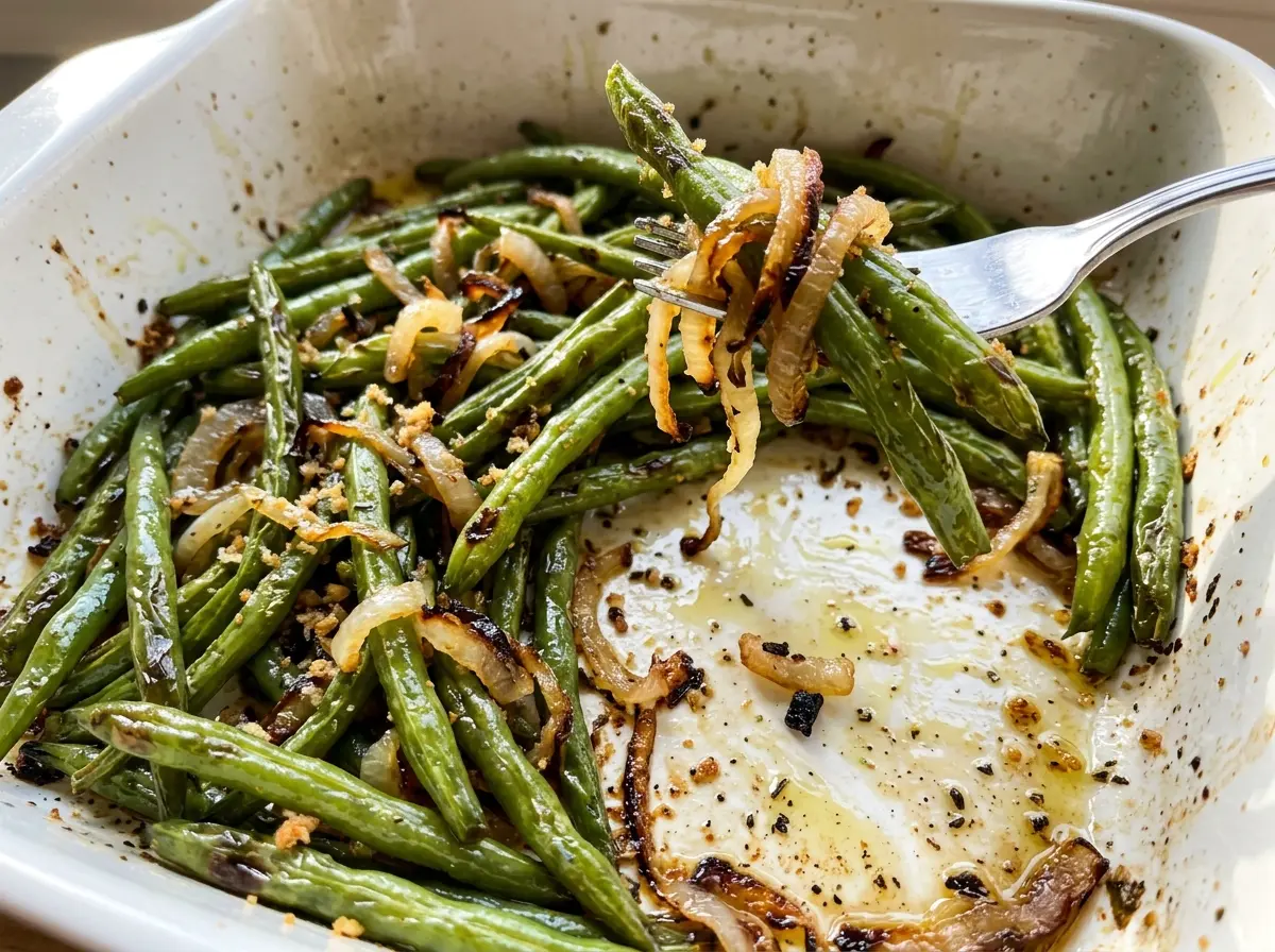 Roasted Green Beans with Caramelized Onions, browned and tender