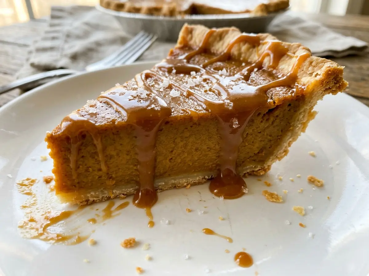 Salted Caramel Pumpkin Pie with glossy caramel topping