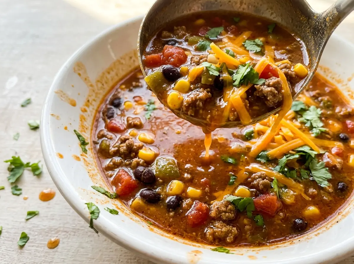 Santa Fe Taco Soup with beef, beans, and corn