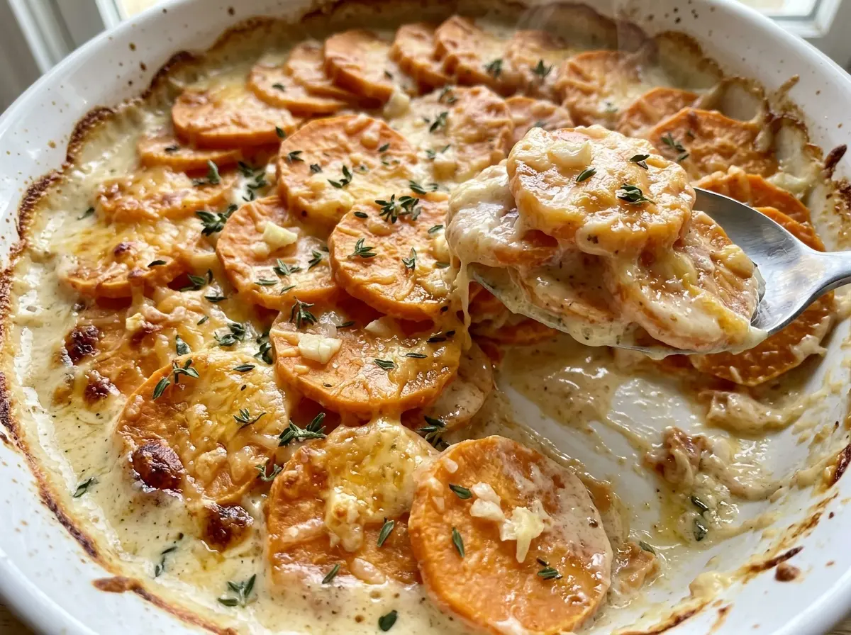 Scalloped sweet potatoes creamy layered casserole