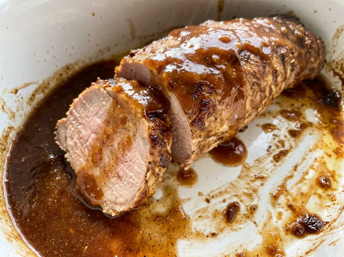 Slow Cooker Apple Butter Glazed Pork Tenderloin, glossy and sliced