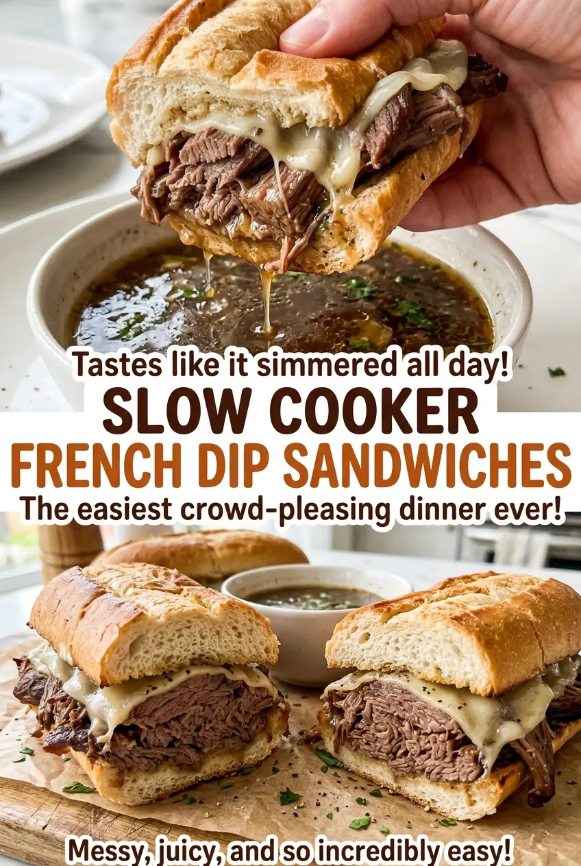 Slow Cooker French Dip Sandwiches toasted cheesy rolls