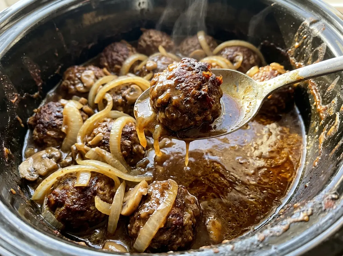 Slow Cooker Salisbury Steak Meatballs with mushroom gravy
