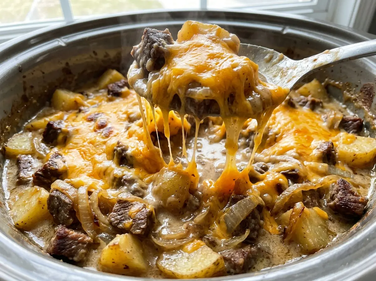 Slow cooker steak and cheddar potato casserole cheesy golden