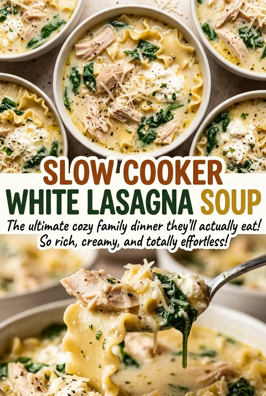Slow Cooker White Lasagna Soup spinach chicken bowl