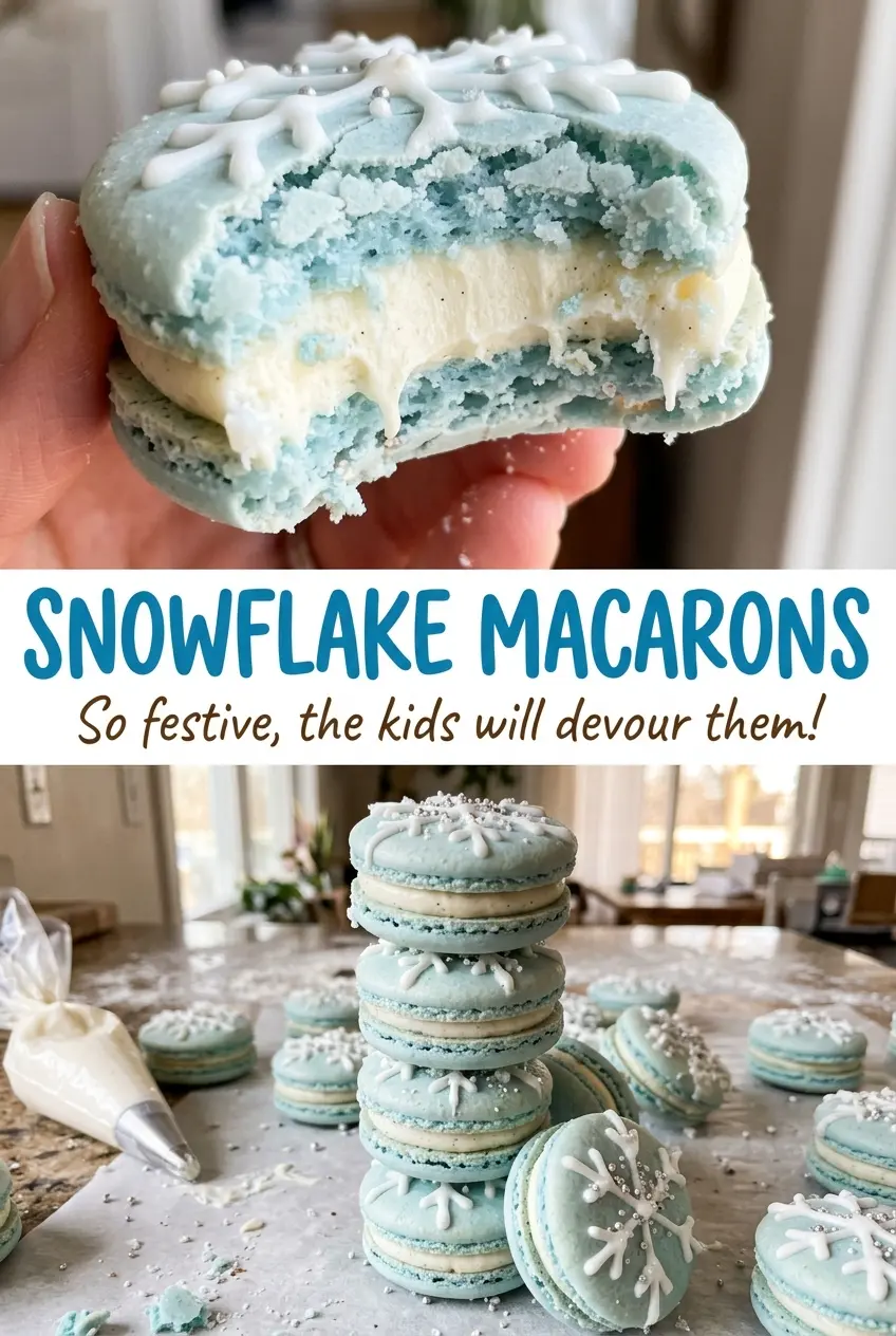 Snowflake Macarons with white snowflakes