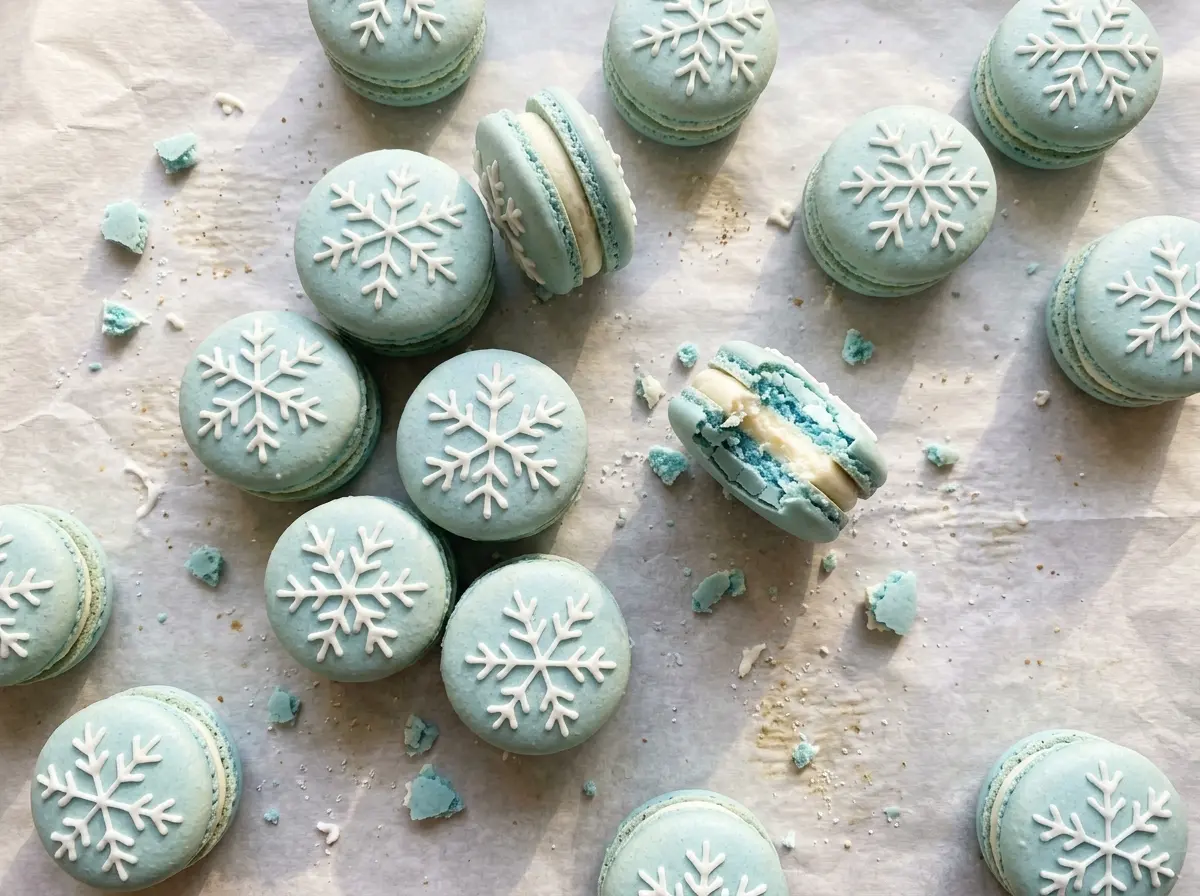 Snowflake Macarons with blue shells