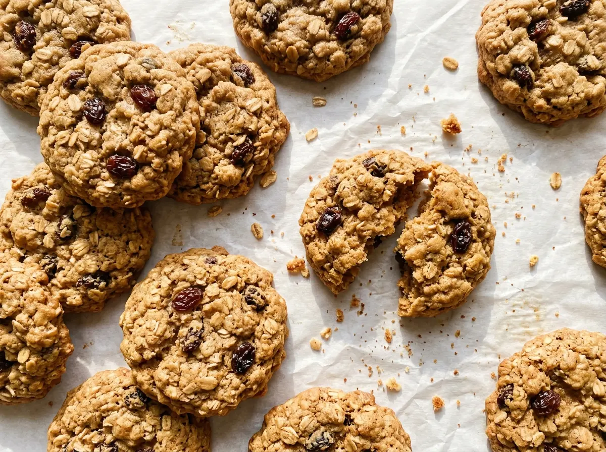 Soft and Chewy Oatmeal Raisin Cookies with golden edges