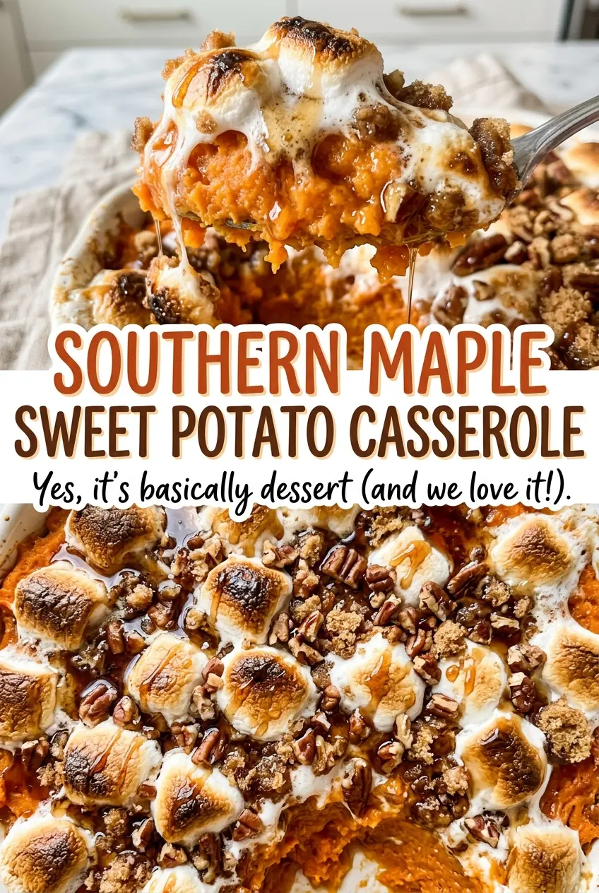Southern Maple Sweet Potato Casserole with maple pecan topping