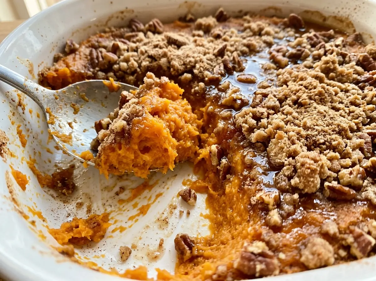 Southern Maple Sweet Potato Casserole with golden pecan topping