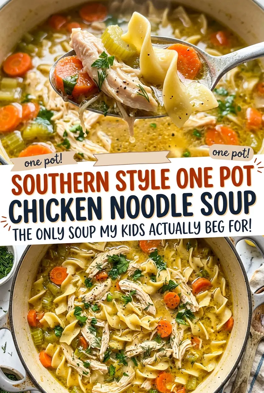 Southern Style One Pot Chicken Noodle Soup, tender and brothy