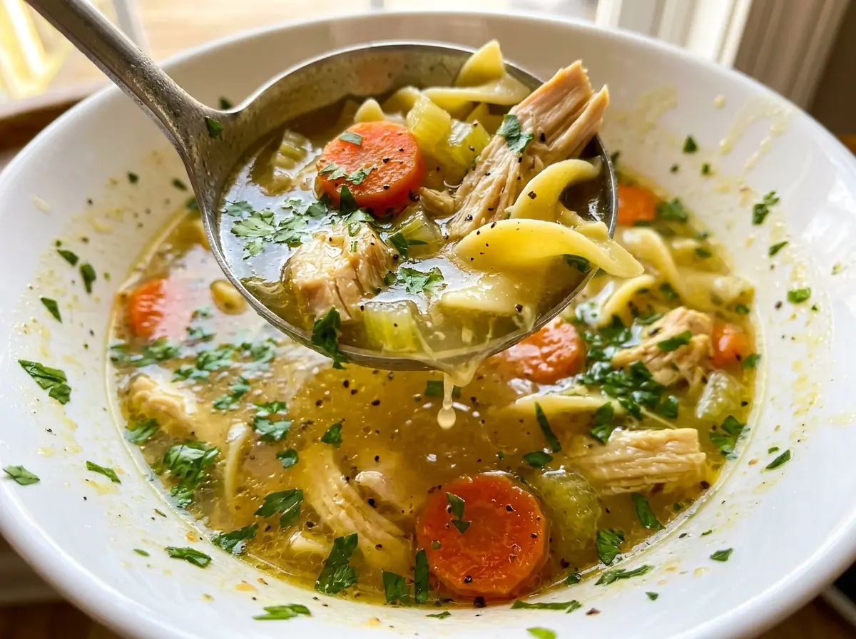 Southern Style One Pot Chicken Noodle Soup, golden and hearty
