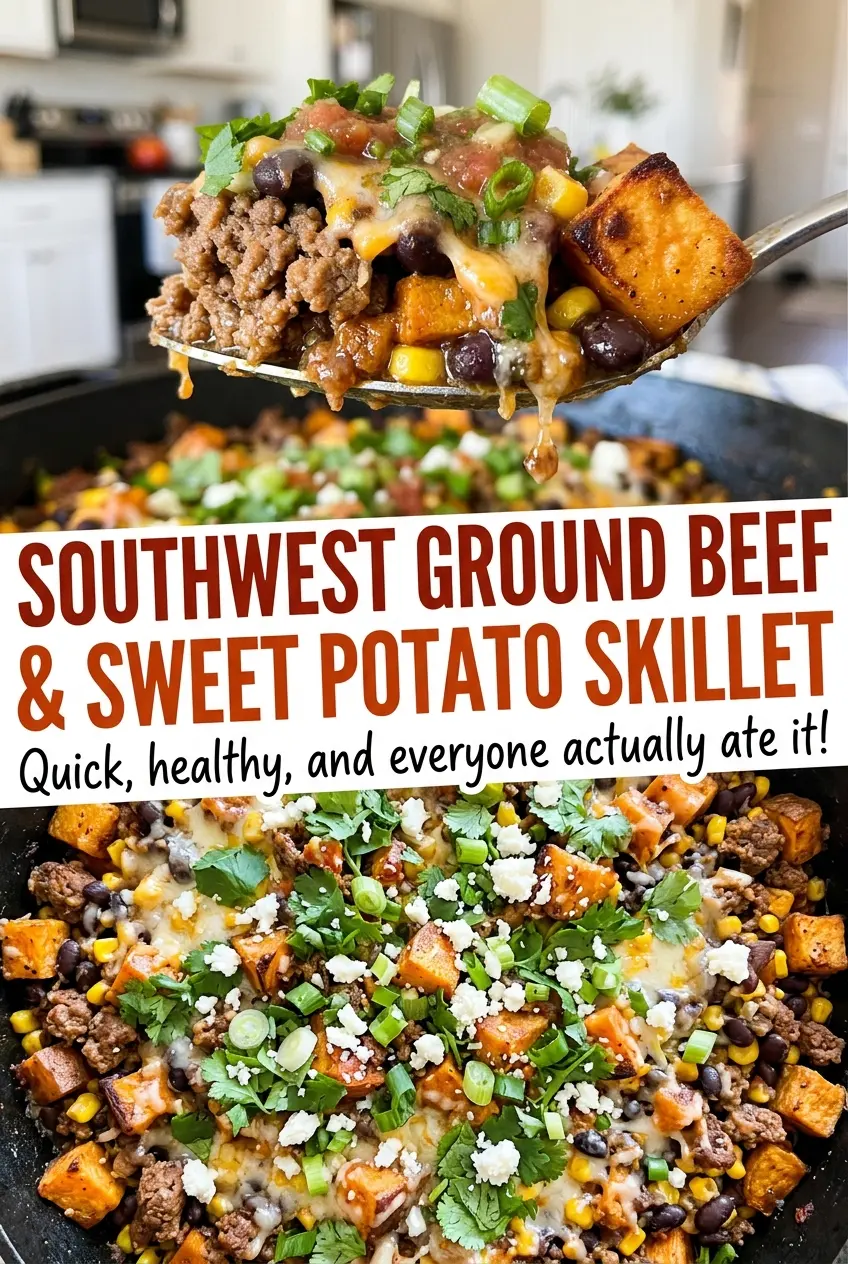 Southwest Ground Beef and Sweet Potato Skillet with melted cheese