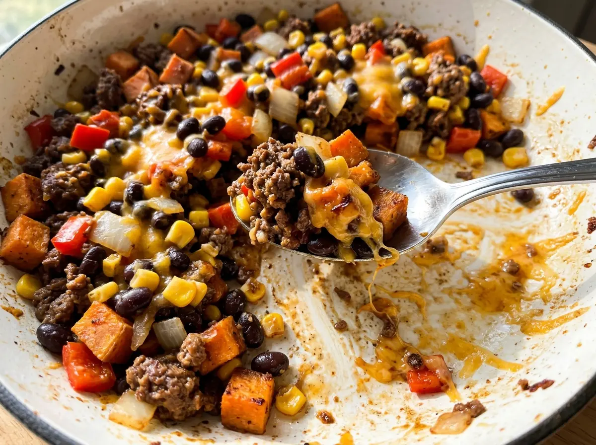 Southwest Ground Beef and Sweet Potato Skillet with browned beef