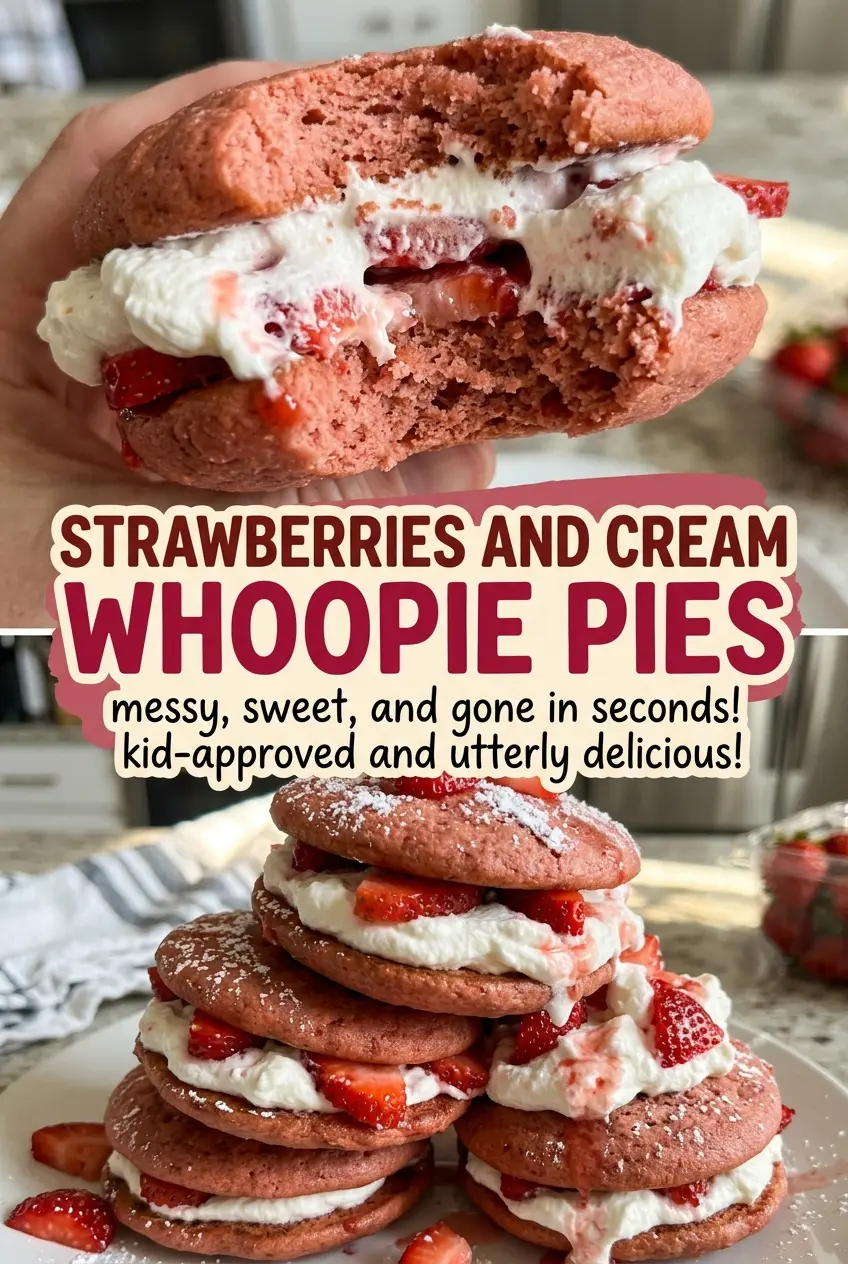 Strawberries and Cream Whoopie Pies cream-filled strawberry cakes