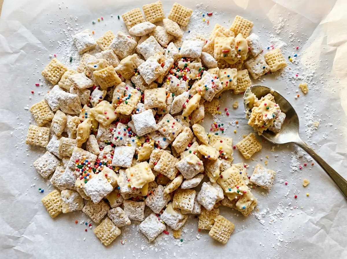 Sugar Cookie Muddy Buddies crisp sweet coating