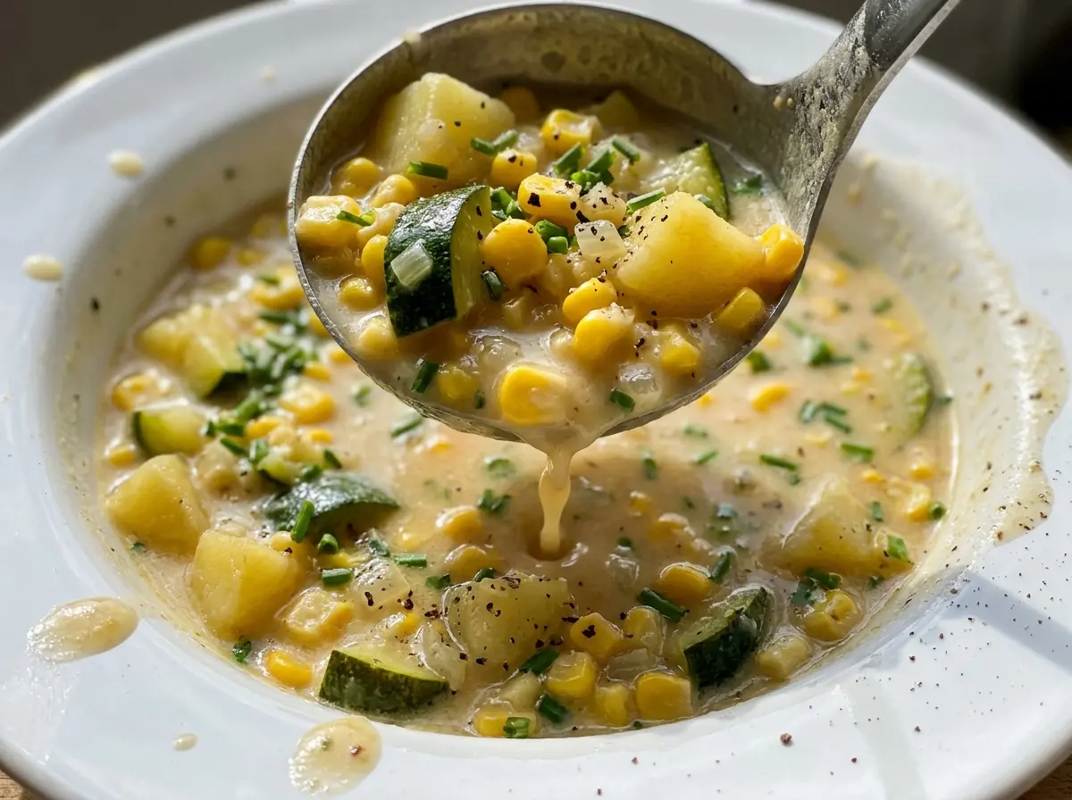 Summer corn and zucchini chowder, creamy and golden