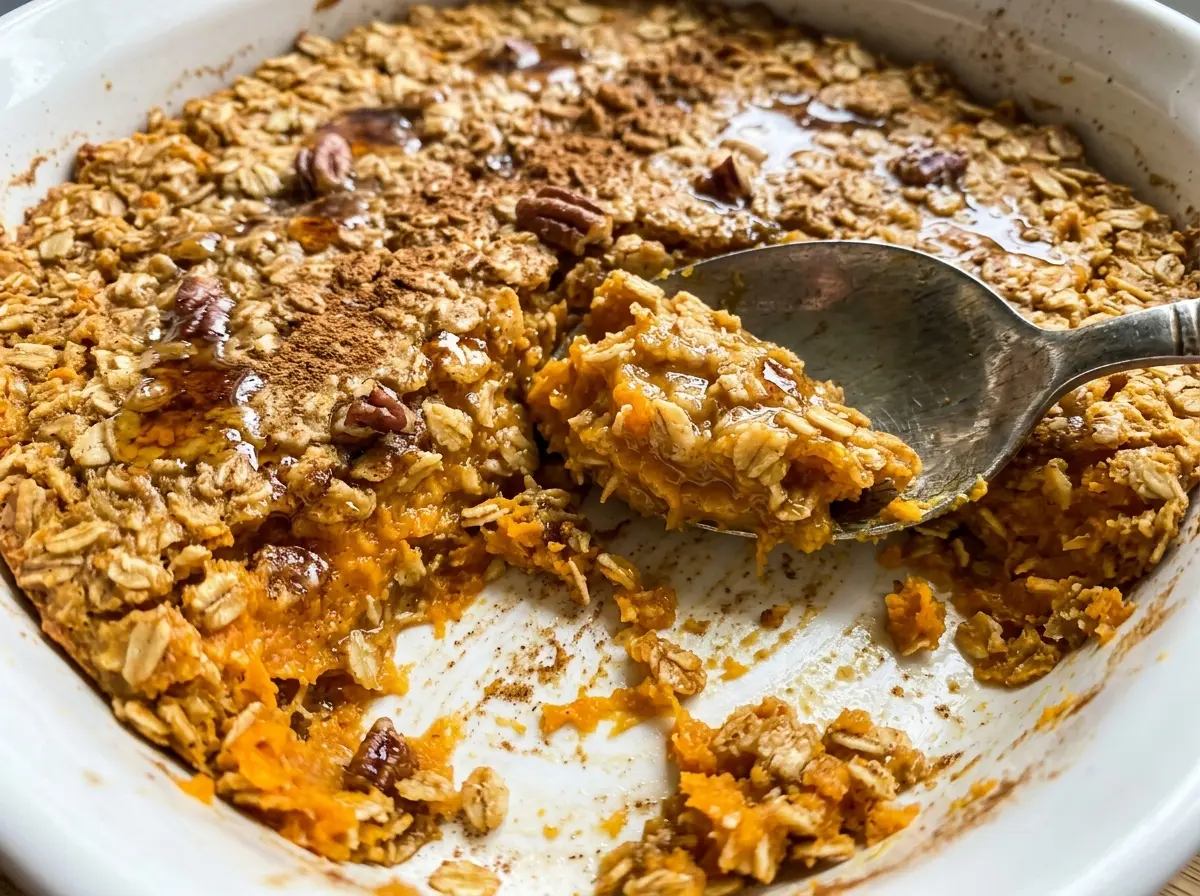 Sweet Potato Baked Oatmeal golden pecan top