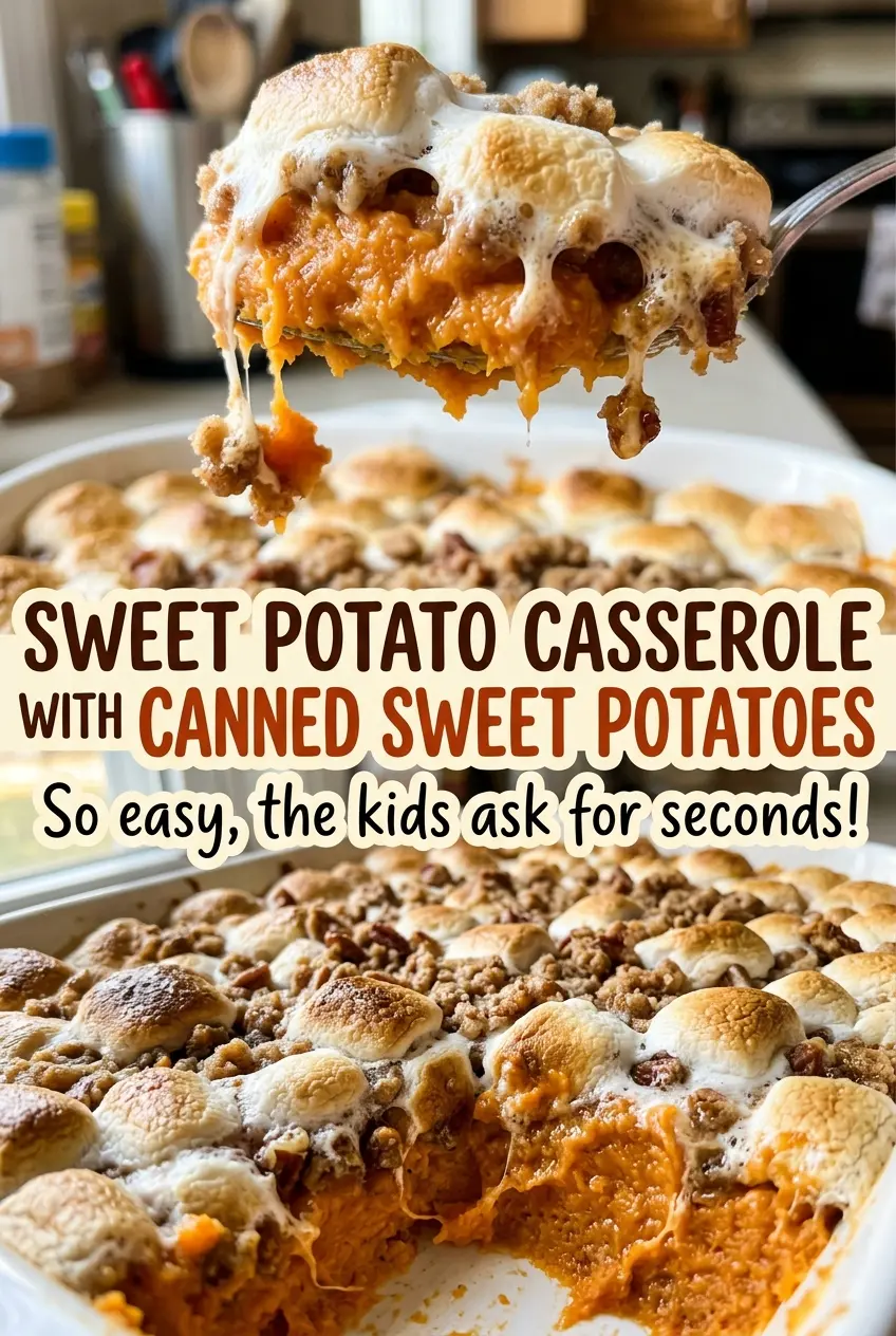 Sweet potato casserole with canned sweet potatoes, crumbly pecan topping