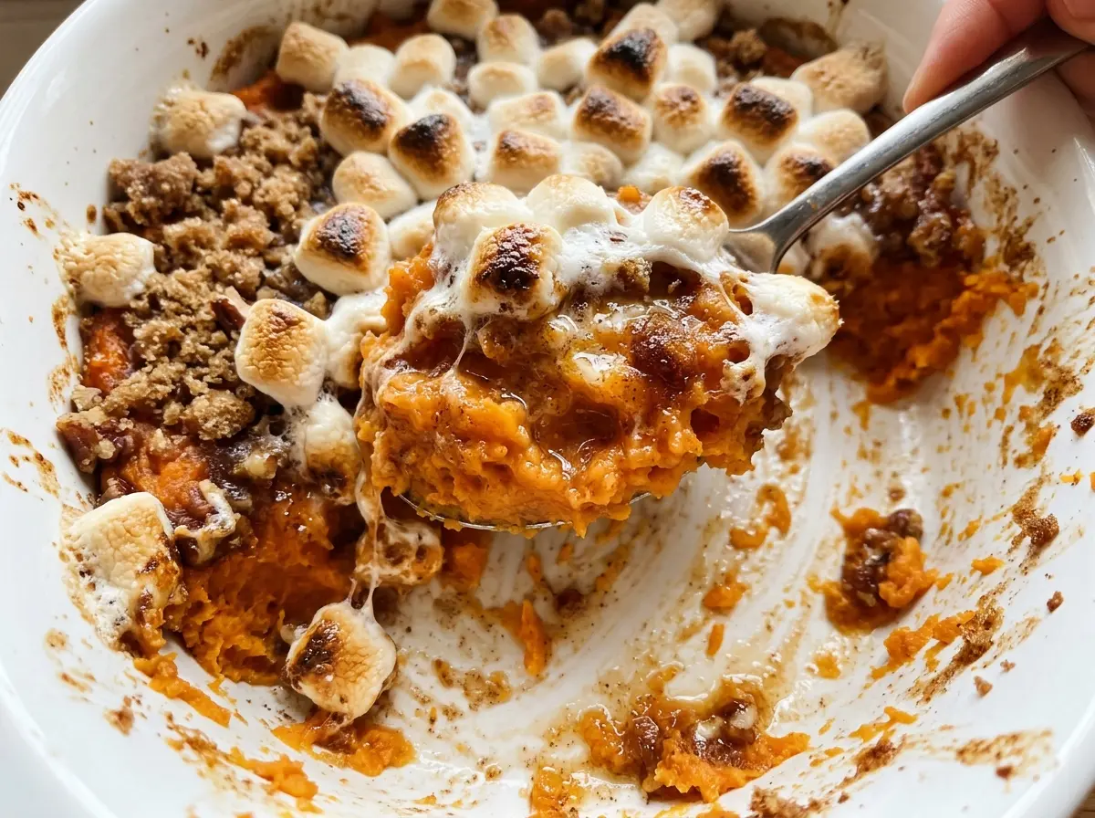 Sweet potato casserole with canned sweet potatoes, golden pecan topping