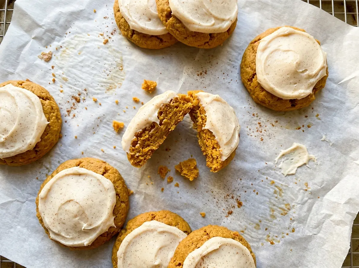 Sweet potato cookies with cinnamon cream cheese frosting, soft centers