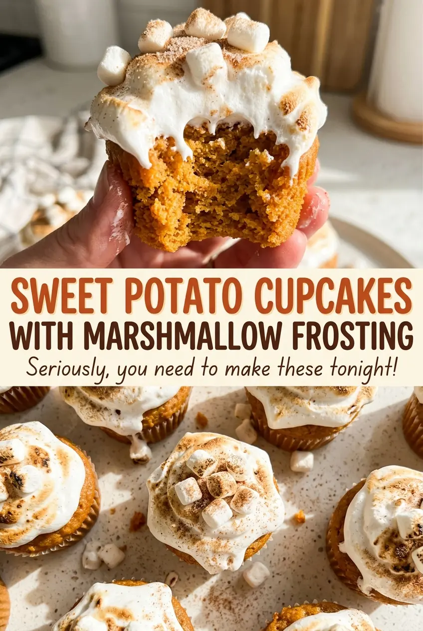 Sweet potato cupcakes with marshmallow frosting, soft crumb and fluffy topping