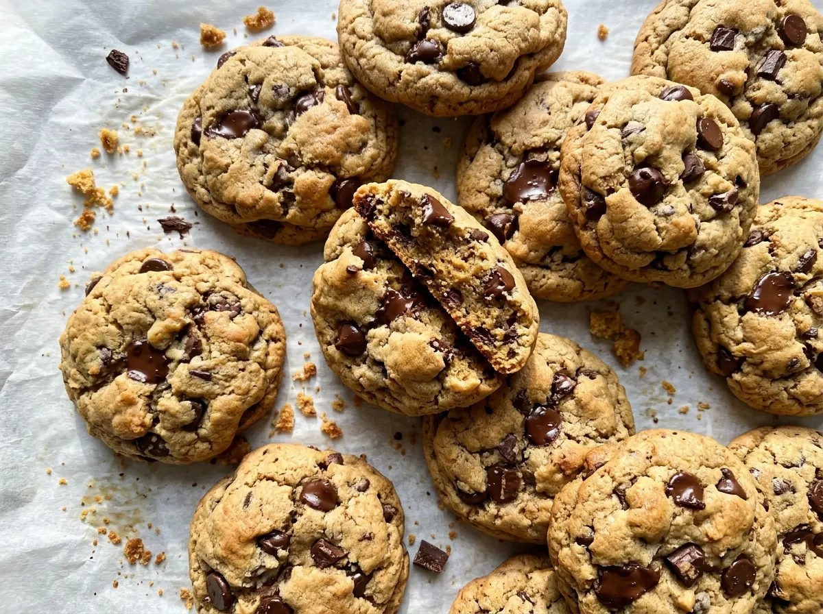 Thick Chocolate Chip Cookies with golden edges and soft centers