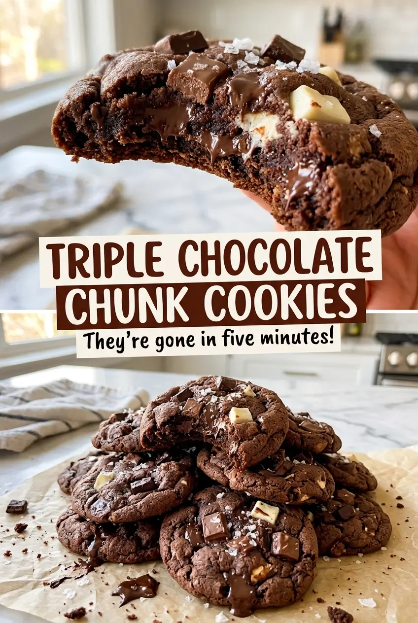 Triple Chocolate Chunk Cookies with rich cocoa and melted chunks