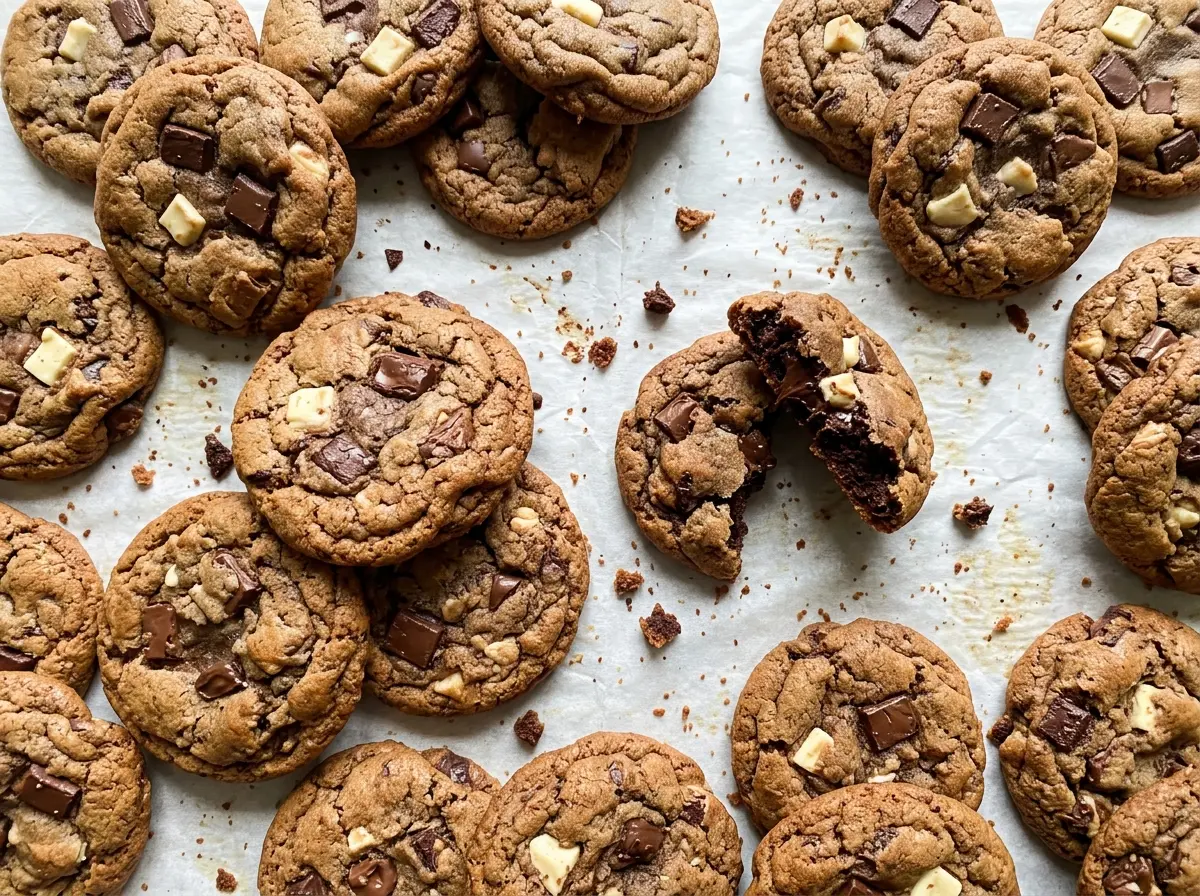 Triple Chocolate Chunk Cookies with fudgy chocolate centers