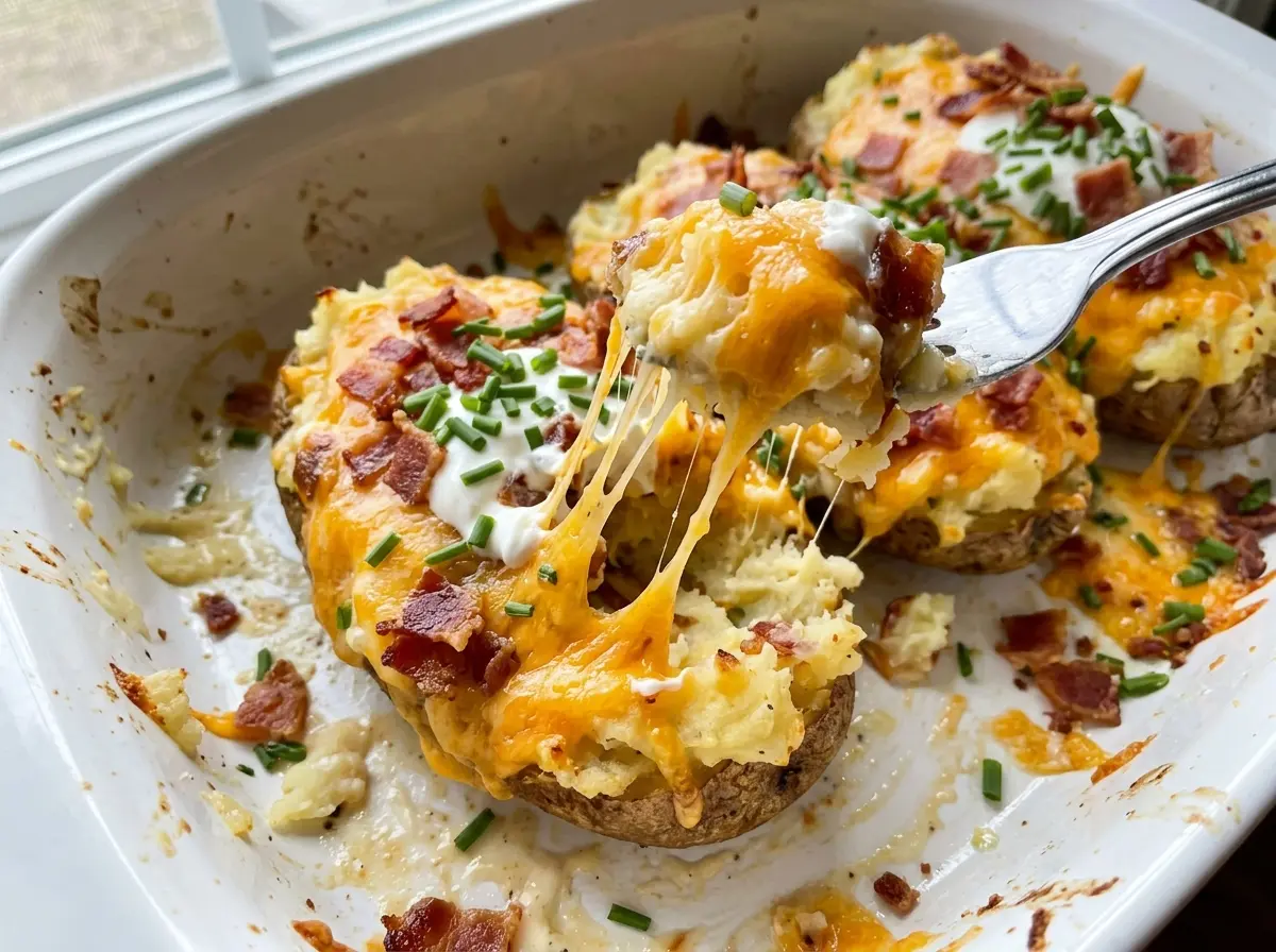 Twice Baked Crack Potatoes with cheesy bacon tops