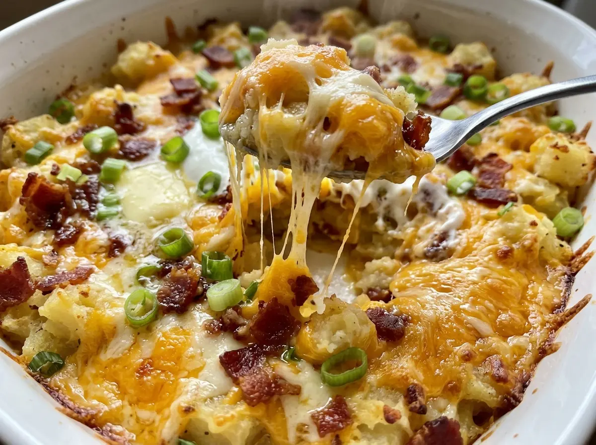 Twice Baked Potato Casserole cheesy bacon topping