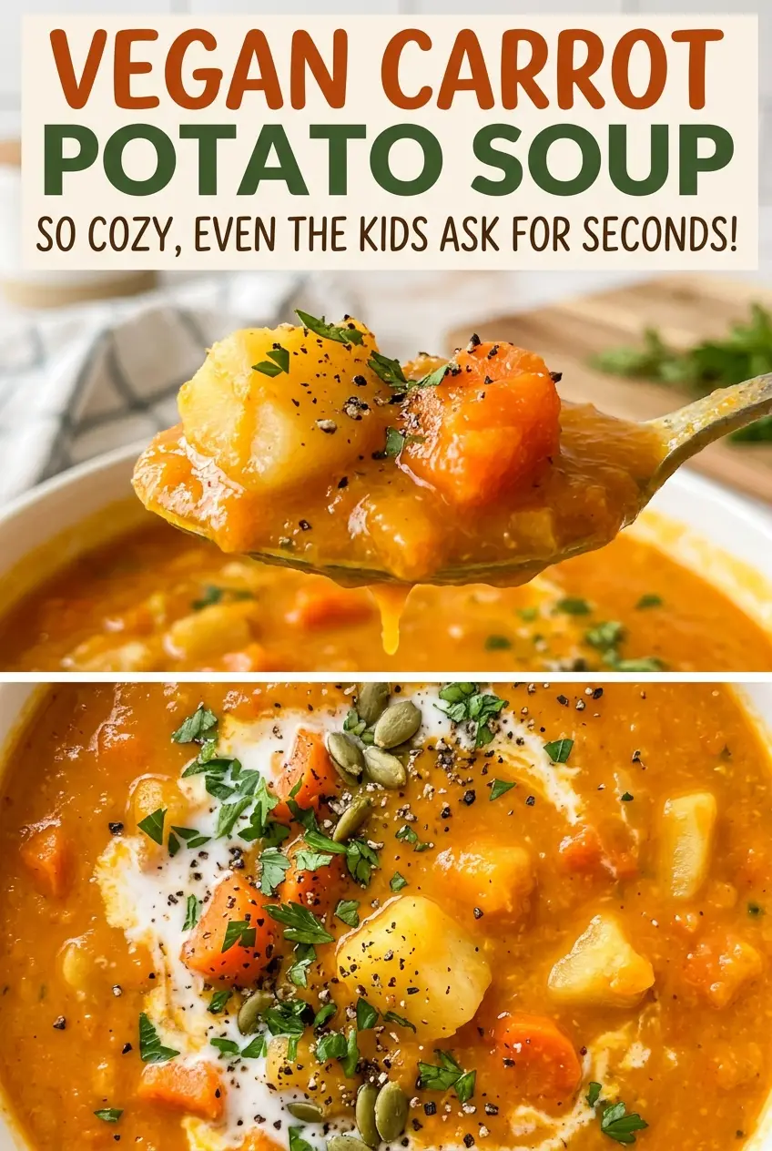Vegan Carrot Potato Soup, velvety golden bowl