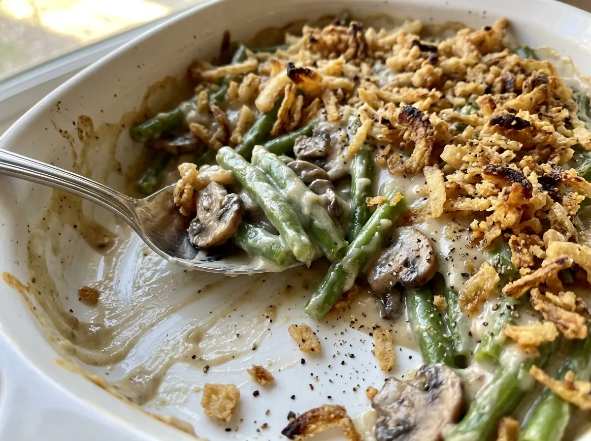 Vegan Green Bean Casserole golden onion topping