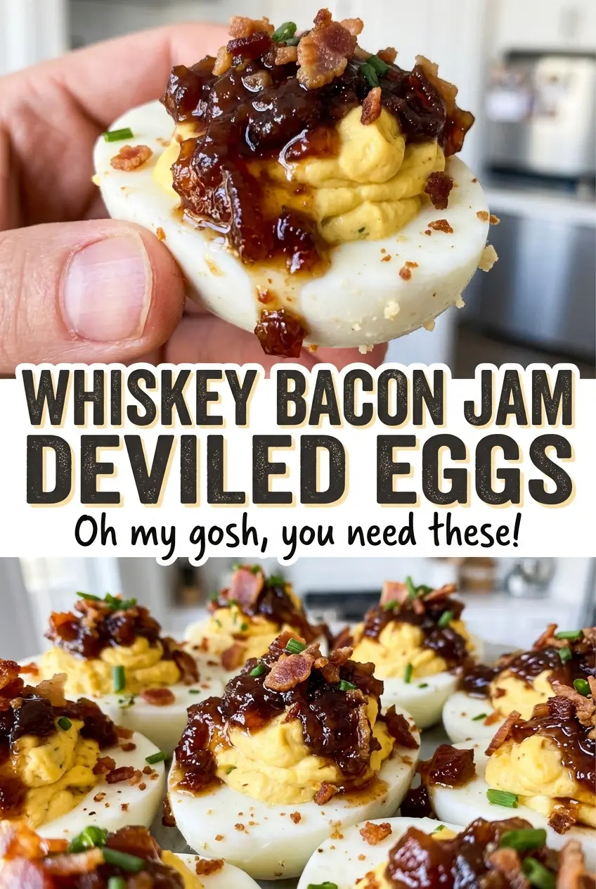 Whiskey Bacon Jam Deviled Eggs topped with sticky bacon jam