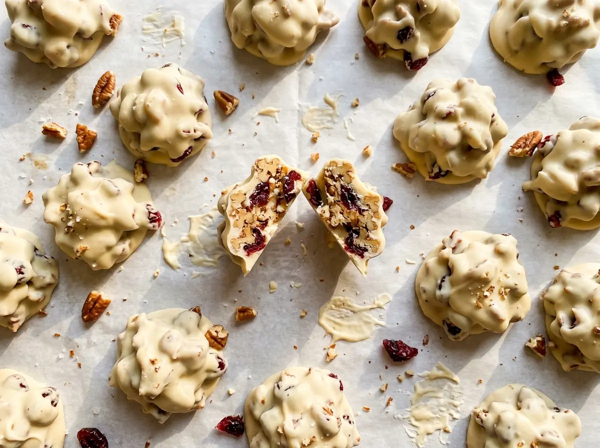 White Chocolate Cranberry Pecan Clusters glossy, fruit-studded